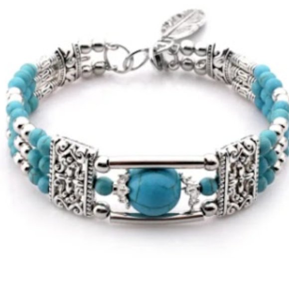 Elegant Turquoise Boho Bracelet Silver Plated- Measures approx 7.49" - Picture 3 of 4